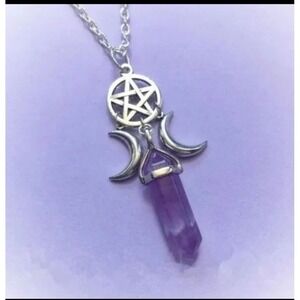 Triple Moon Goddess Silver‎ and Amethyst Point Pentacle Necklace - Witchy NEW